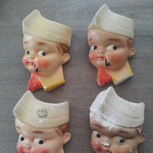 Vintage Mid-Century Chalkware String Holder Set - Boys with Pipes - Set of 4
